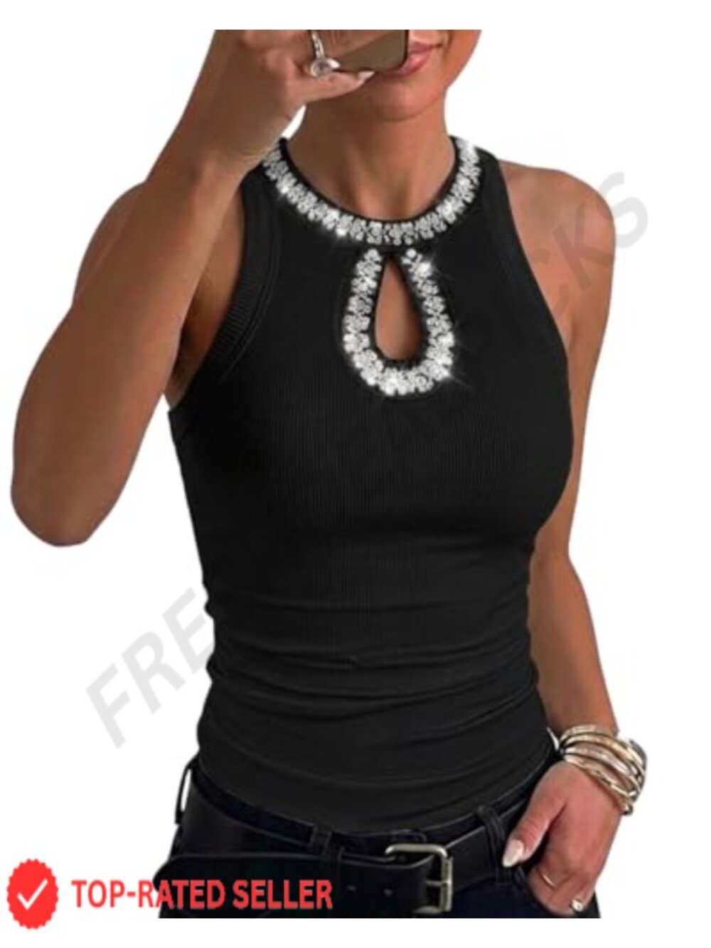 Ribbed Tank Top Rhinestone Keyhole Sequin Sleeveless Summer Shirt